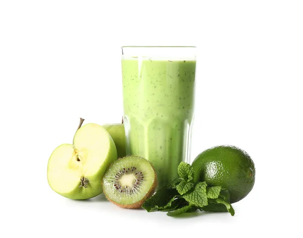 Vaso Jugo Verde Saludable Frutas Frescas Sobre Fondo Blanco — Foto de Stock