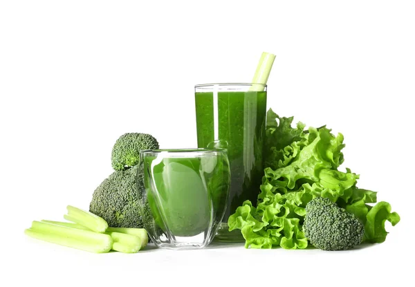 Glasses Healthy Green Juice Fresh Vegetables White Background — Stock Photo, Image