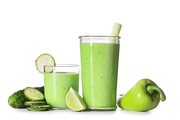 Glasses Healthy Green Juice Fresh Ingredients White Background — Stock Photo, Image