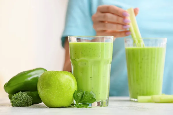 Glasses Healthy Green Juice Fresh Ingredients Table Blurred Background — Stock Photo, Image