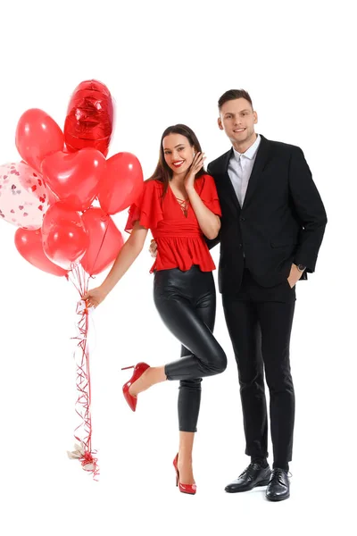 Glückliches Junges Paar Mit Luftballons Auf Weißem Hintergrund Valentinstag Feier — Stockfoto