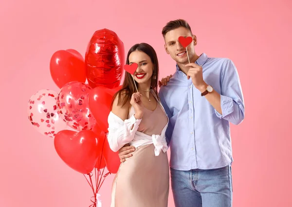 Happy Young Couple Red Hearts Balloons Color Background Valentine Day — Stock Photo, Image