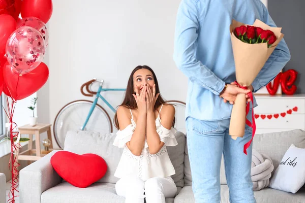 Young Man Greeting His Girlfriend Valentine Day Home — Stock Photo, Image