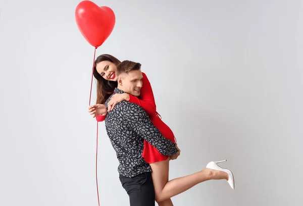 Happy Young Couple Balloon Light Background Valentine Day Celebration — Stock Photo, Image