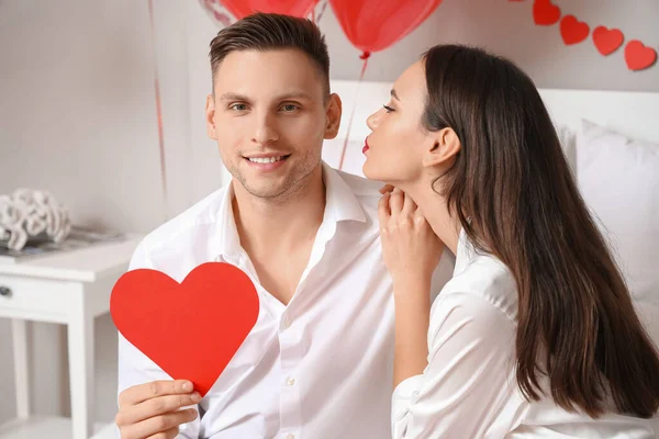 Beautiful Young Couple Celebrating Valentine Day Home — Stock Photo, Image