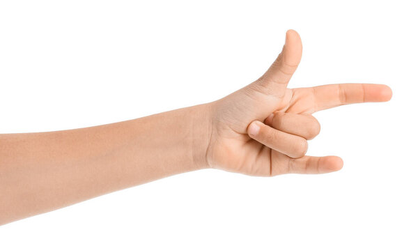 Child showing "i love you" gesture on white background