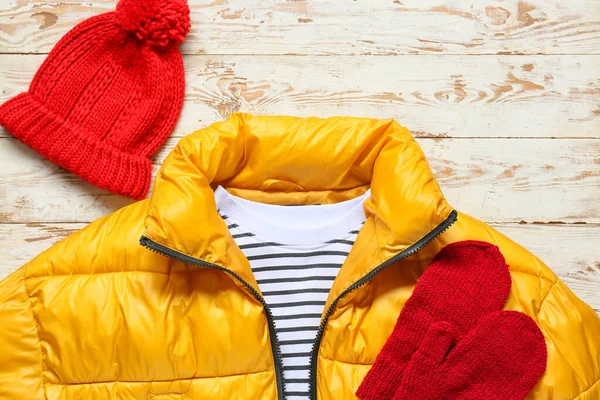 Kışlık Ceket Süveter Şapka Eldivenler Hafif Ahşap Arka Planda — Stok fotoğraf