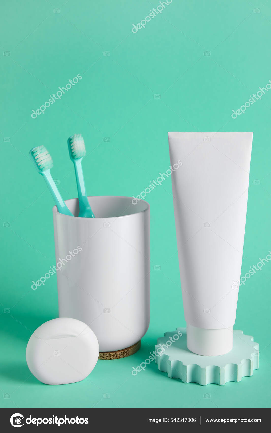 Tube Toothpaste Dental Floss Holder Toothbrushes Color Background Stock