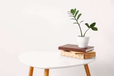 Çiçekli beyaz kahve masası ve ışık duvarının yanında kitaplar.