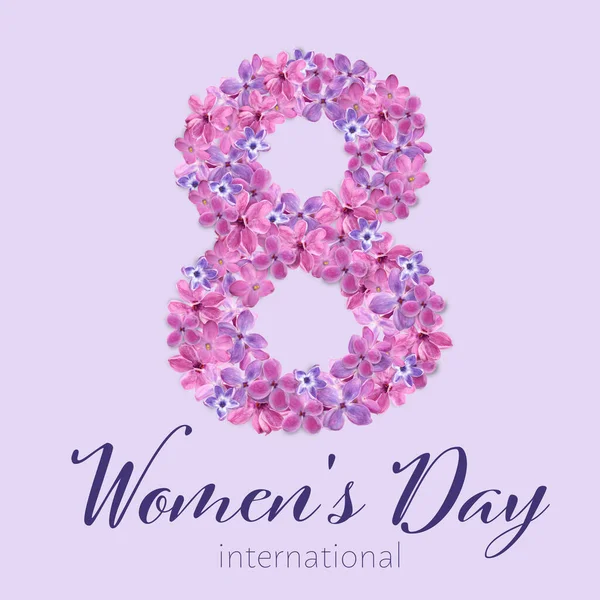 Piękna Kartka Życzeniami Obchody Międzynarodowego Dnia Kobiet Figurą Liliowych Kwiatów — Zdjęcie stockowe