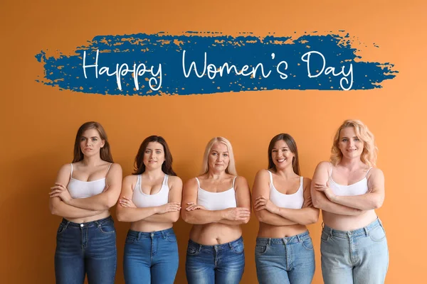 Groep Van Vrouwen Tekst Happy Vrouwen Day Kleur Achtergrond — Stockfoto