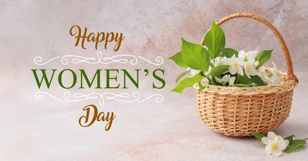 Piękna Kartka Okolicznościowa Szczęśliwy Dzień Kobiet Kwiatami Jaśminu — Zdjęcie stockowe