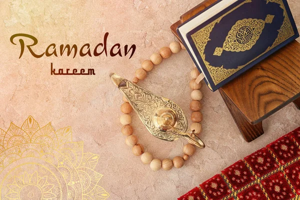 Vackert Gratulationskort För Ramadan Firande Med Muslimsk Lampa Och Koranen — Stockfoto
