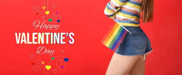Молодая Женщина Флагом Лгбт Цветном Фоне Празднование Дня Святого Валентина — стоковое фото