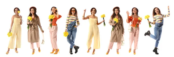 Set Med Vackra Afroamerikanska Kvinna Med Vackra Blommor Vit Bakgrund — Stockfoto