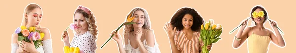 Set Van Mooie Vrouwen Met Mooie Bloemen Kleur Achtergrond — Stockfoto