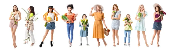 Schöne Frauen Und Kleine Mädchen Mit Blumen Isoliert Auf Weiß — Stockfoto