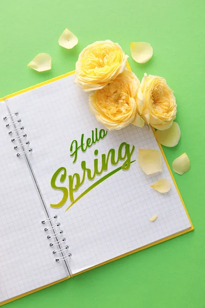 Notebook Textem Hello Spring Žluté Květy Růží Zeleném Pozadí — Stock fotografie