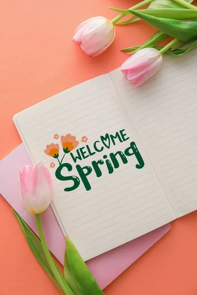 Notebook Text Welcome Spring Tulip Flowers Pink Background — Stock Photo, Image