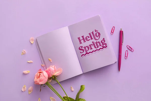 Carnet Avec Texte Hello Spring Fleurs Roses Papeterie Sur Fond — Photo