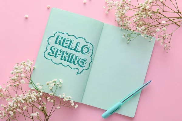 Notebook Text Hello Spring Flowers Pink Background — Stock Photo, Image