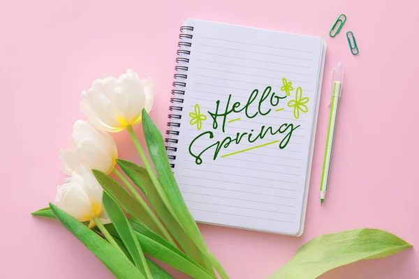 Notitieboek Met Tekst Hello Spring Witte Tulp Bloemen Briefpapier Roze — Stockfoto