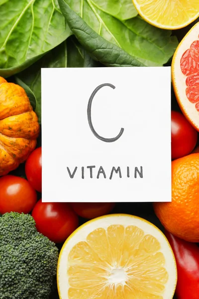 Texto Vitamina Produtos Saudáveis Como Fundo — Fotografia de Stock