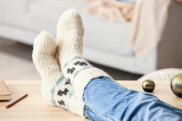 Woman Warm Socks Home Closeup — Stock Photo, Image