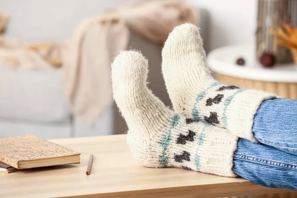 Woman Warm Socks Home Closeup — Stock Photo, Image