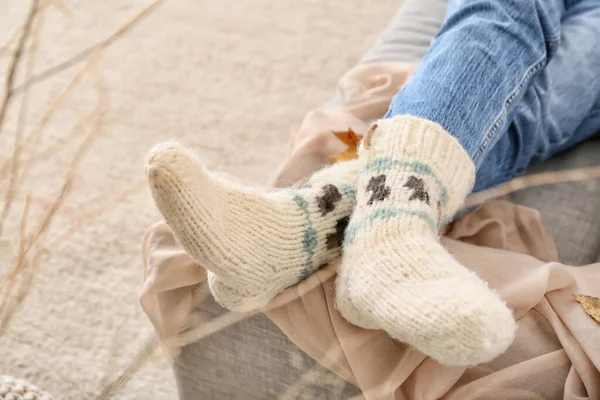 Woman Warm Socks Lying Sofa Home — Stock Photo, Image