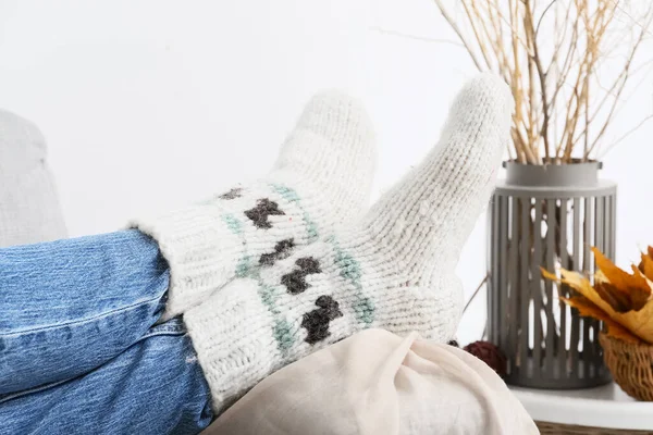 Woman Warm Socks Lying Sofa Home — Stock Photo, Image