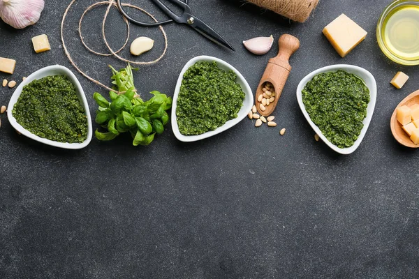 Bowls Tasty Pesto Sauce Ingredients Dark Background — Stock Photo, Image