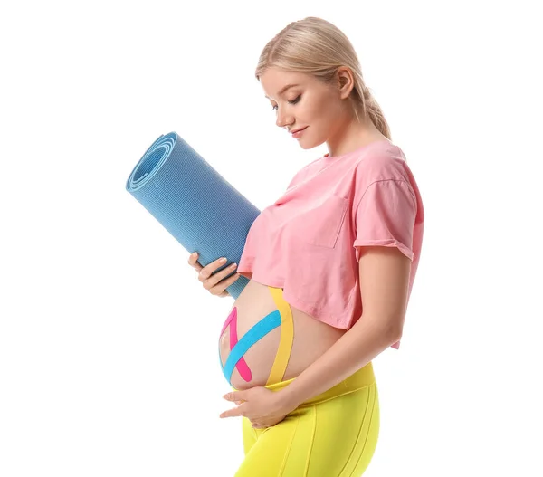 Sporty Pregnant Woman Applied Kinesio Tape White Background — Stock Photo, Image