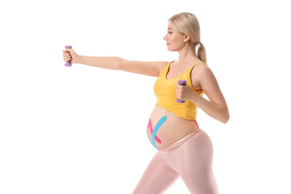 Pregnant Woman Applied Kinesio Tape Training White Background — Stock Photo, Image