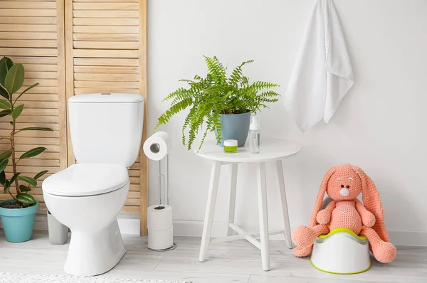 Toilet Mangkuk Meja Dengan Tanaman Rumah Tangga Dan Kelinci Mainan — Stok Foto