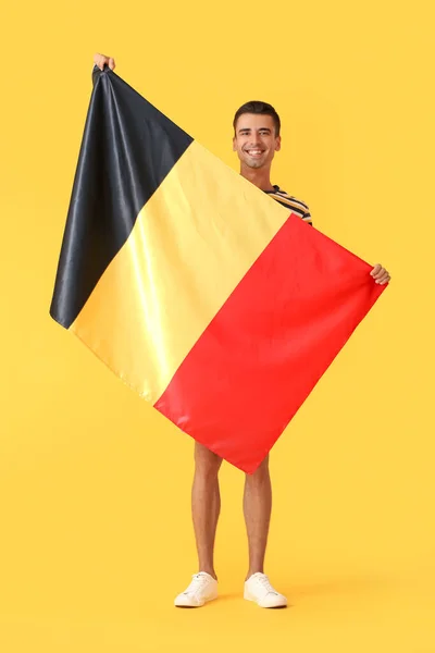Young Man Flag Belgium Color Background — Stock Photo, Image