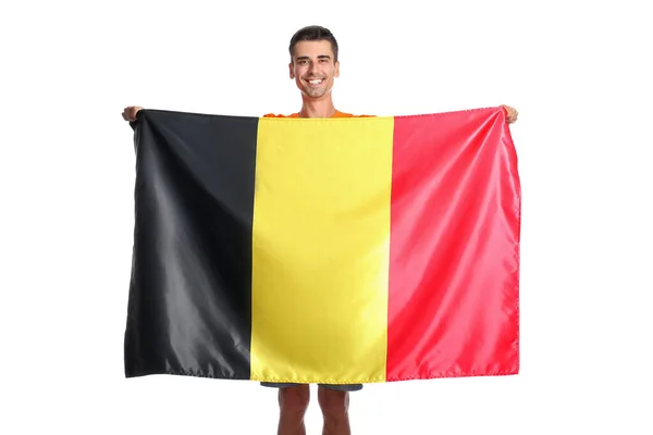 Ung Man Med Flagga Belgien Vit Bakgrund — Stockfoto