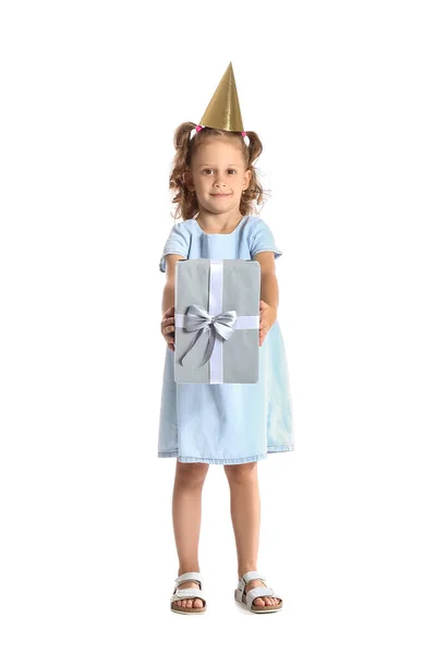 Lustige Kleine Mädchen Partyhut Mit Geschenkbox Auf Weißem Hintergrund — Stockfoto