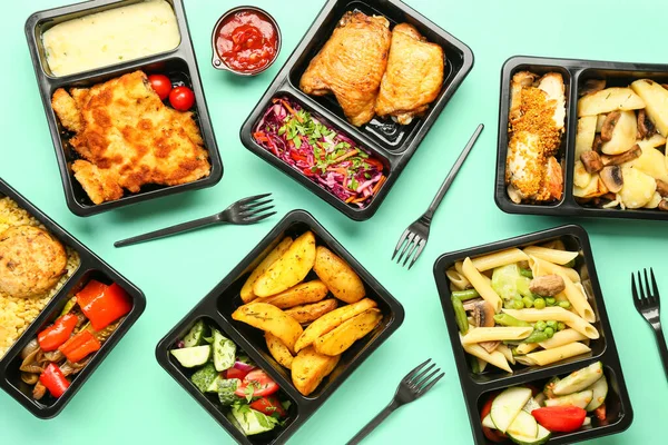 Lunch Boxes Delicious Meals Forks Color Background — Stock Photo, Image