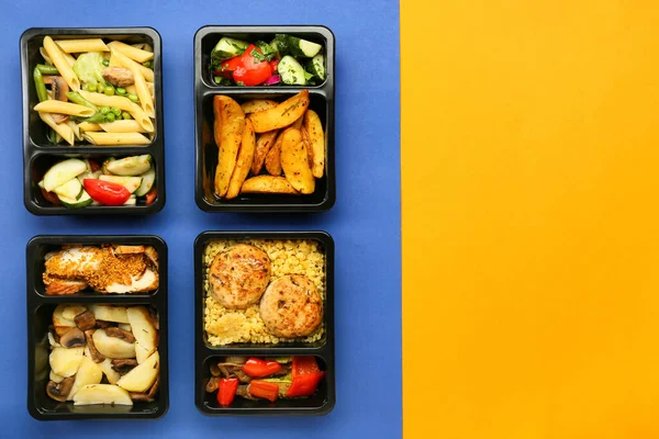 Lunch Boxes Delicious Food Color Background — Stock Photo, Image