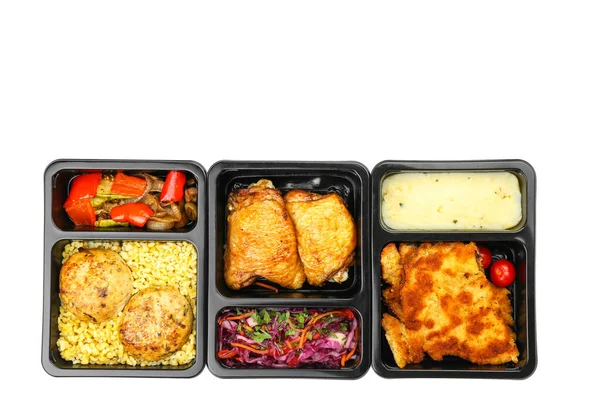 Lunchlådor Med Olika Mat Vit Bakgrund — Stockfoto