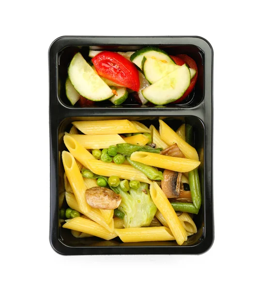 Delicious Pasta Vegetables Lunch Box White Background — Stock Photo, Image