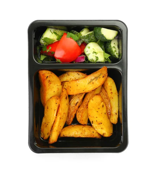 Läcker Potatis Och Färsk Sallad Lunchlåda Vit Bakgrund — Stockfoto