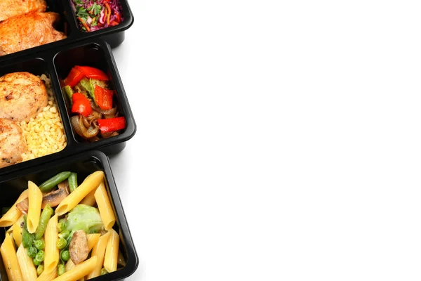 Behälter Mit Leckerem Essen Auf Weißem Hintergrund Nahaufnahme — Stockfoto