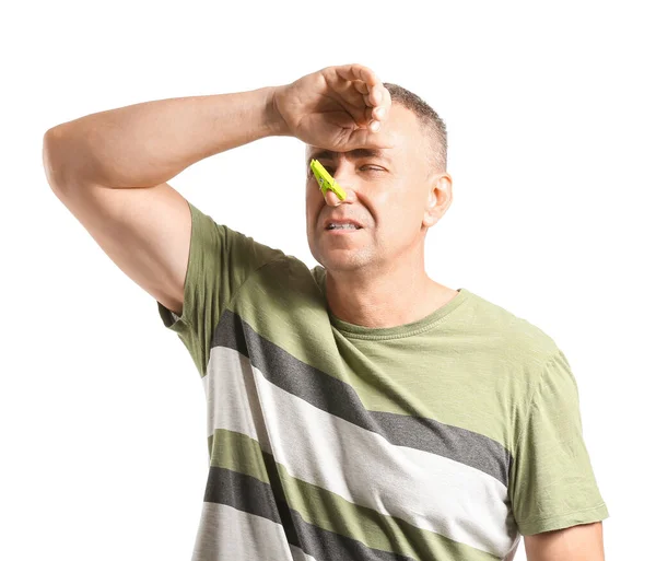 Ill Mature Man Clothespin His Nose White Background — Stock Photo, Image
