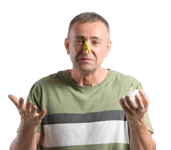 Ill Mature Man Clothespin His Nose White Background — Stock Photo, Image