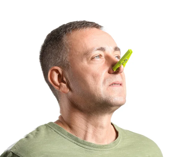 Ill Mature Man Clothespin His Nose White Background — Stock Photo, Image