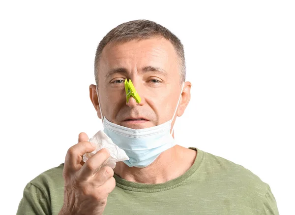 Ill Mature Man Clothespin His Nose White Background — Stock Photo, Image