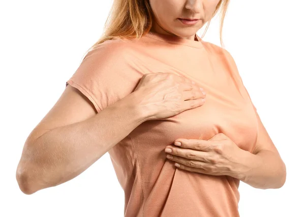 Mature Woman Feeling Discomfort Her Breast White Background Cancer Awareness — Stock Photo, Image