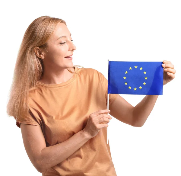 Mujer Madura Con Bandera Unión Europea Sobre Fondo Blanco —  Fotos de Stock